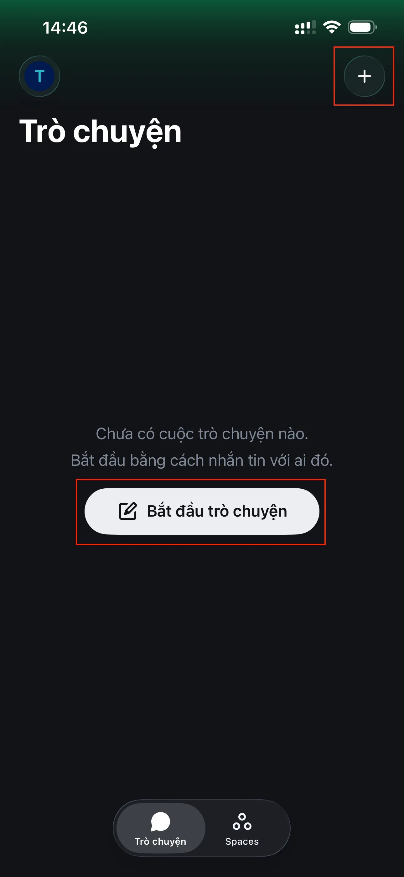 Chats screen showing the Start chat button and the + icon in the top-right corner