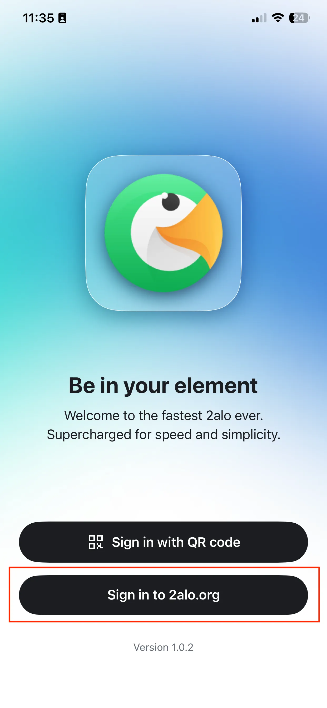 2alo welcome screen with sign-in options