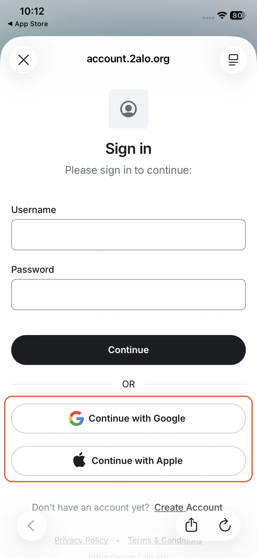 Account sign-in screen with Continue with Google and Continue with Apple buttons