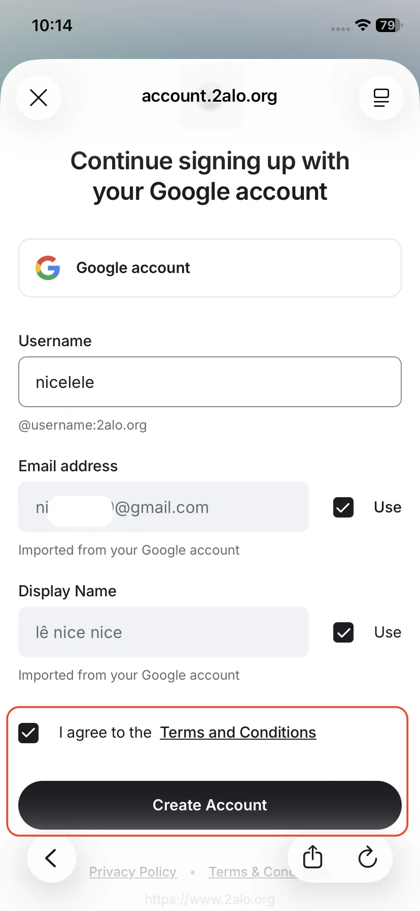 Continue signing up screen with Terms and Conditions checkbox
