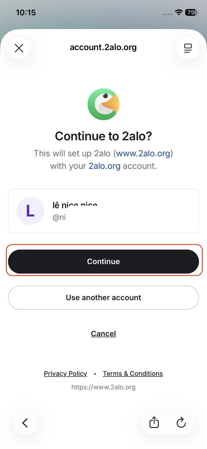 Continue to 2alo confirmation screen