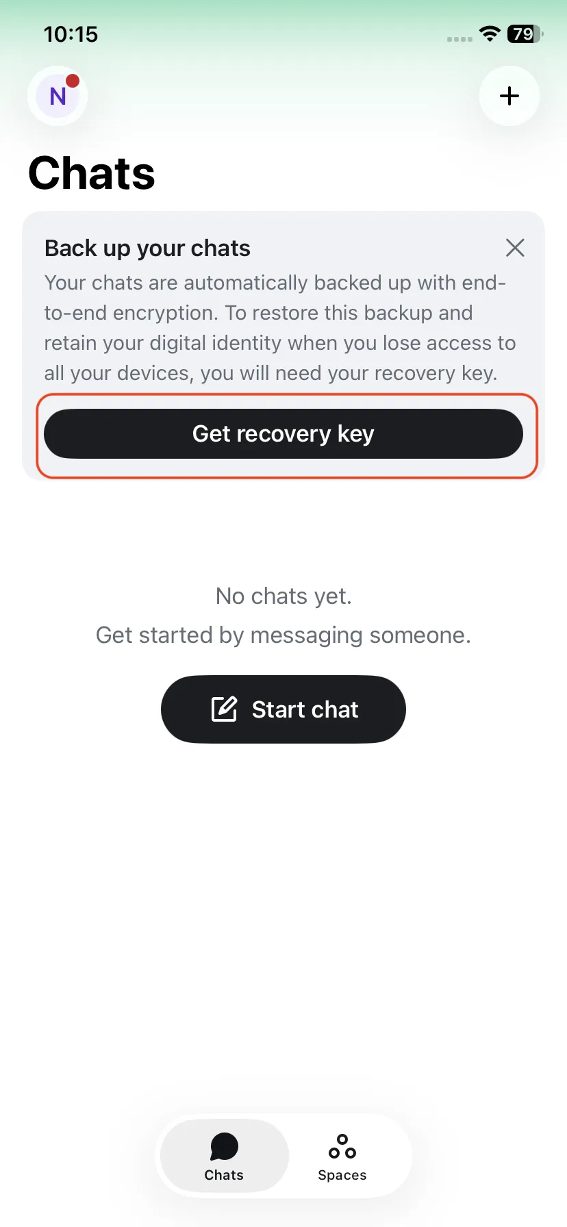 Chats screen with Back up your chats card and Get recovery key button