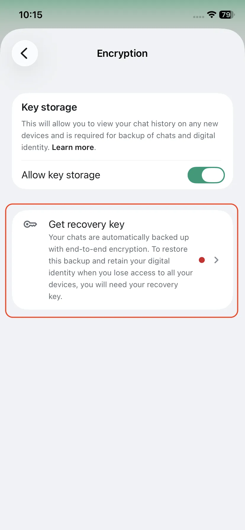 Encryption settings screen with Get recovery key