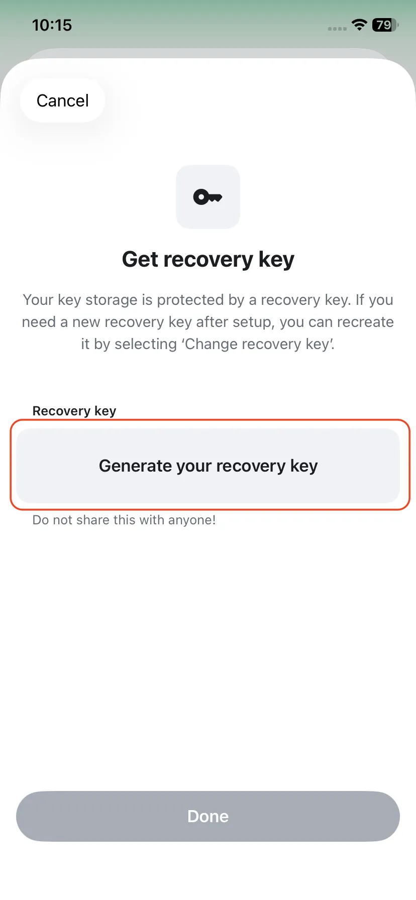 Generate recovery key screen