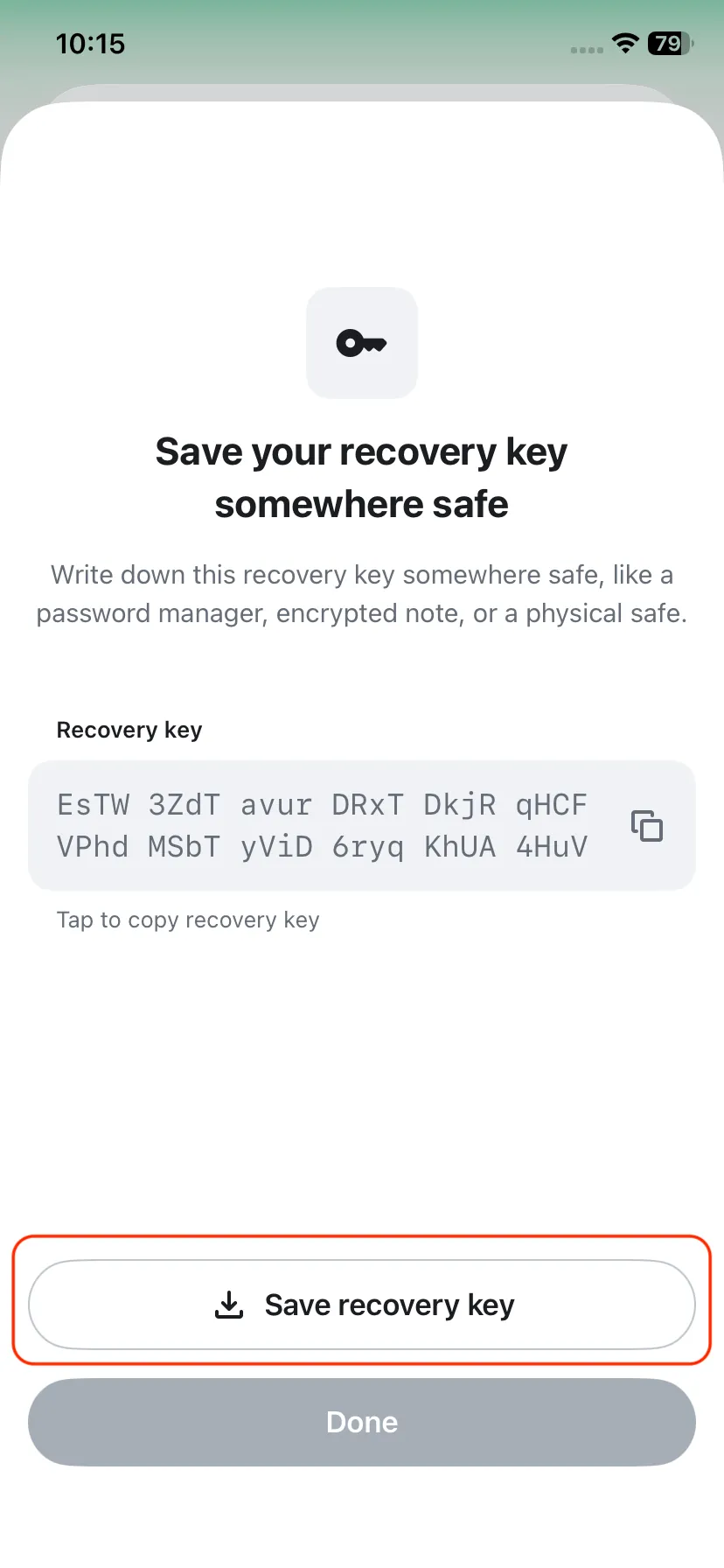 Save recovery key screen showing the key