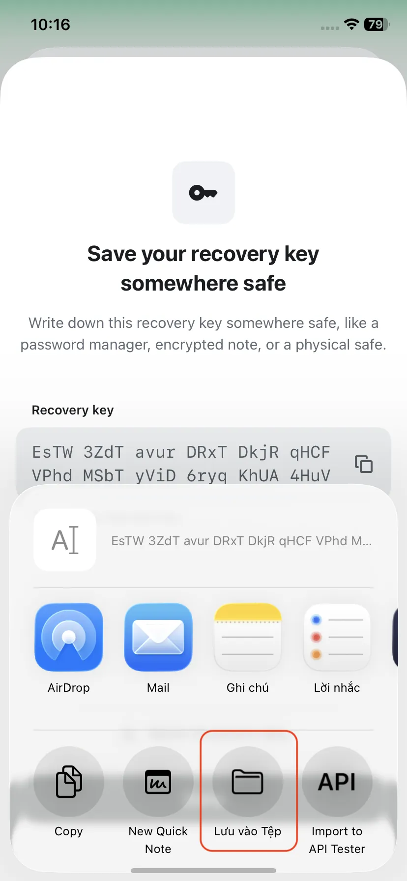 Sharing options for saving the recovery key