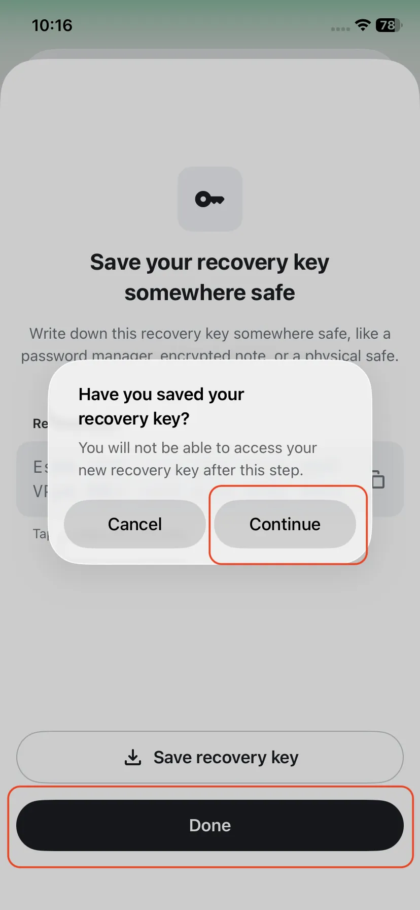 Confirmation dialog asking if the recovery key was saved