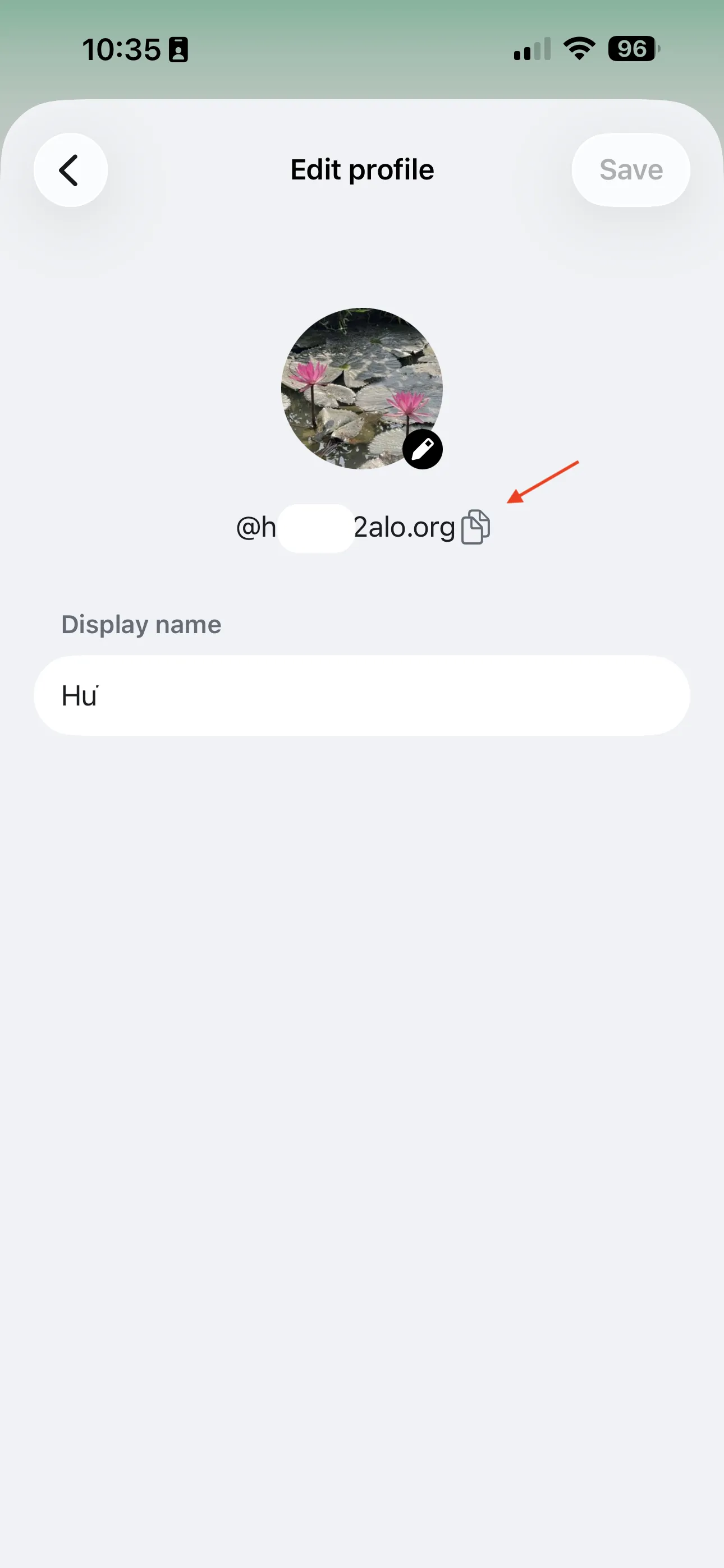 Edit profile screen showing the copy icon next to the username