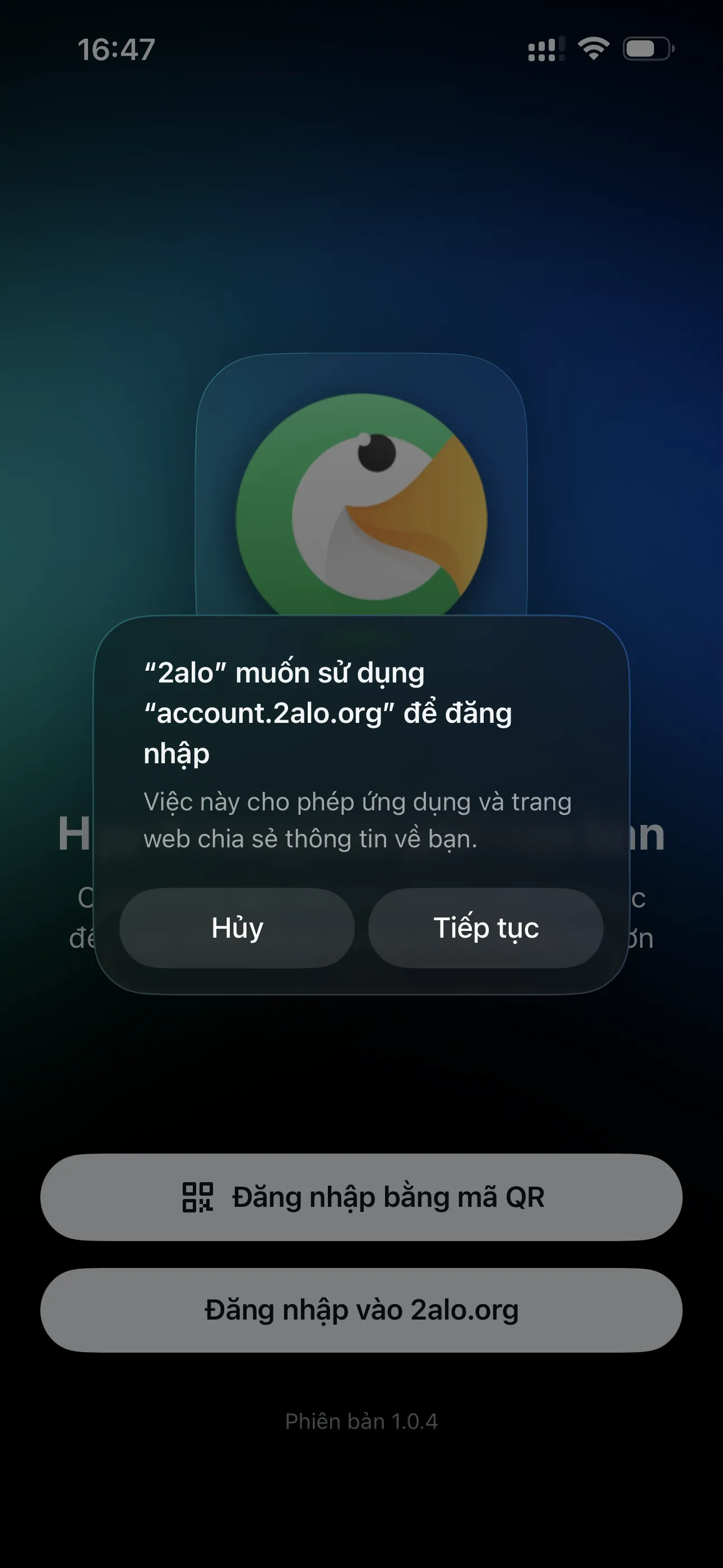 Permission popup asking to use account.2alo.org to sign in