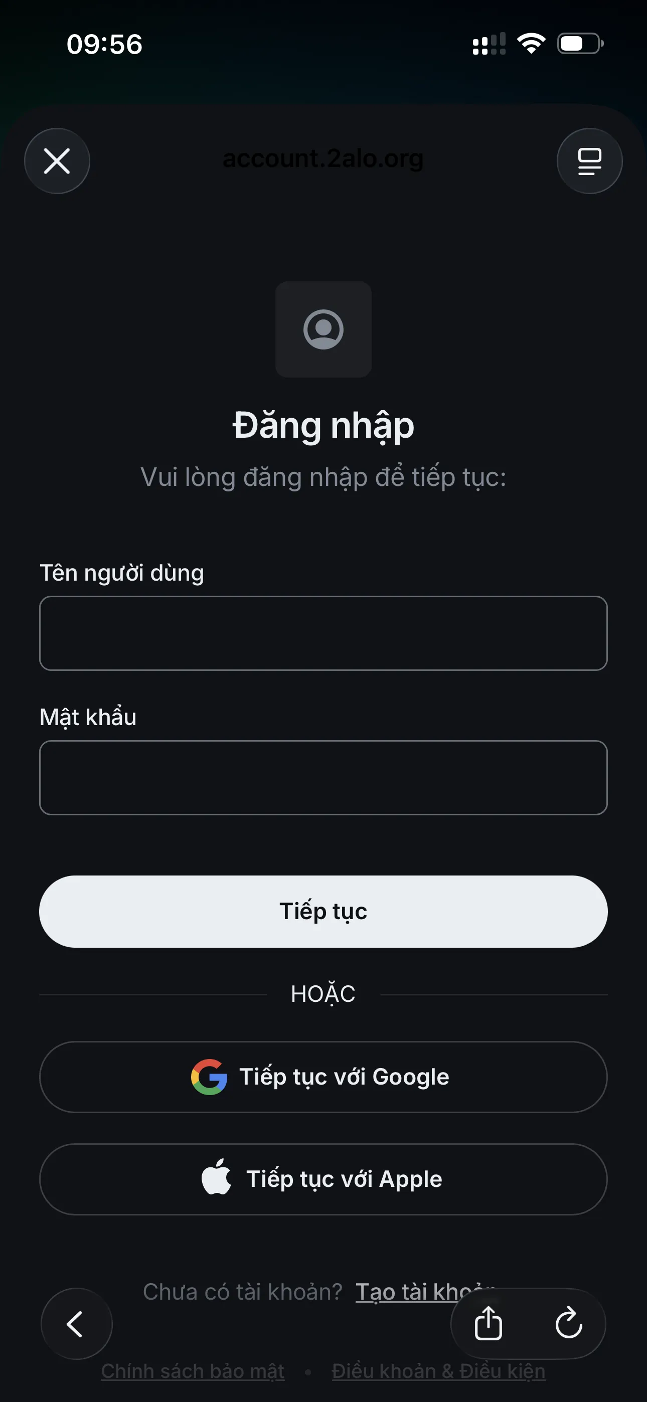 Sign-in screen with username/password and Google/Apple buttons