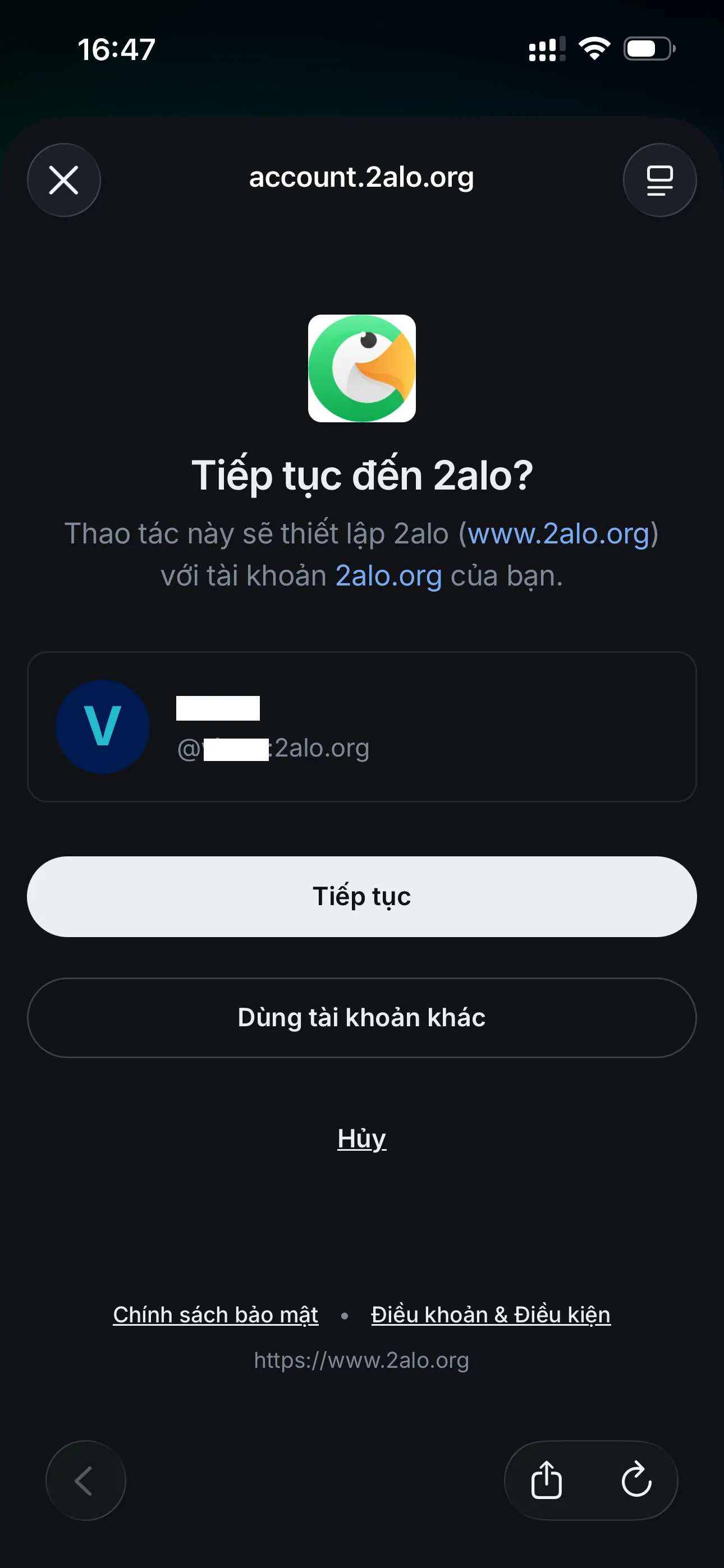 Continue to 2alo screen showing a saved account