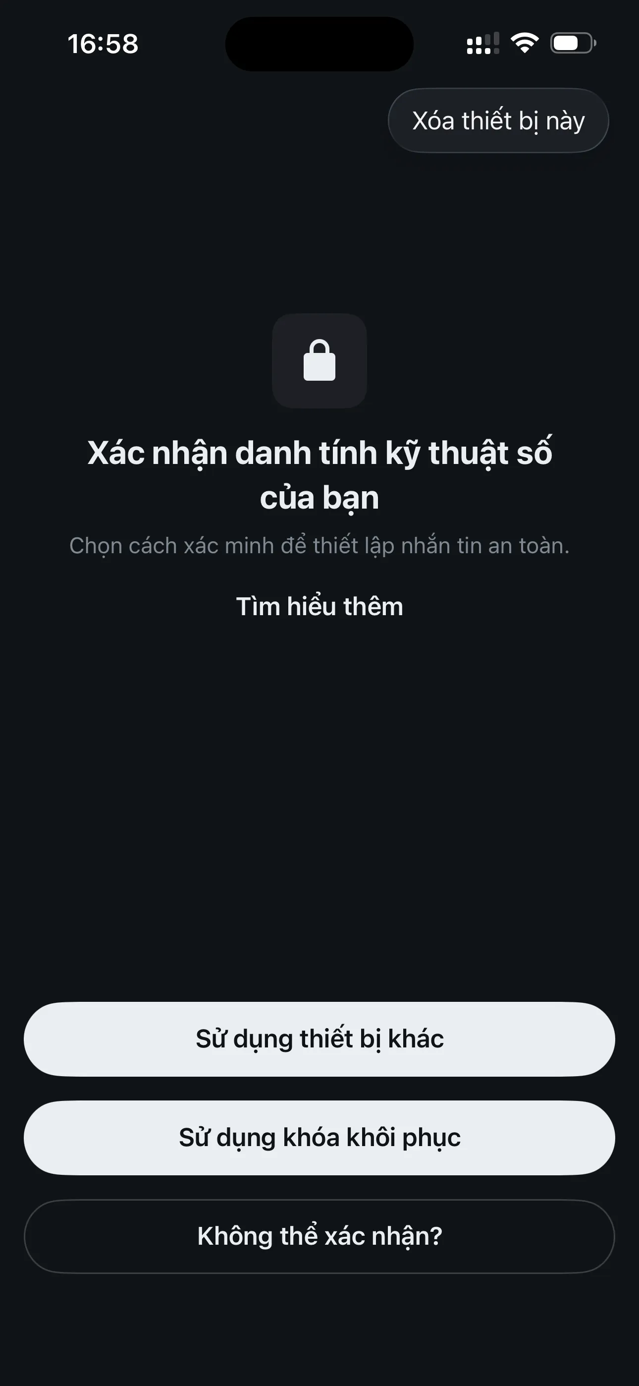 Identity verification method selection screen