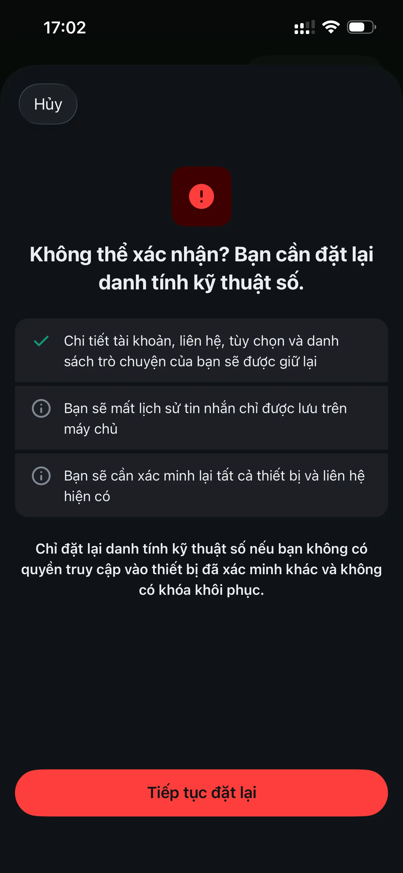 Reset warning screen