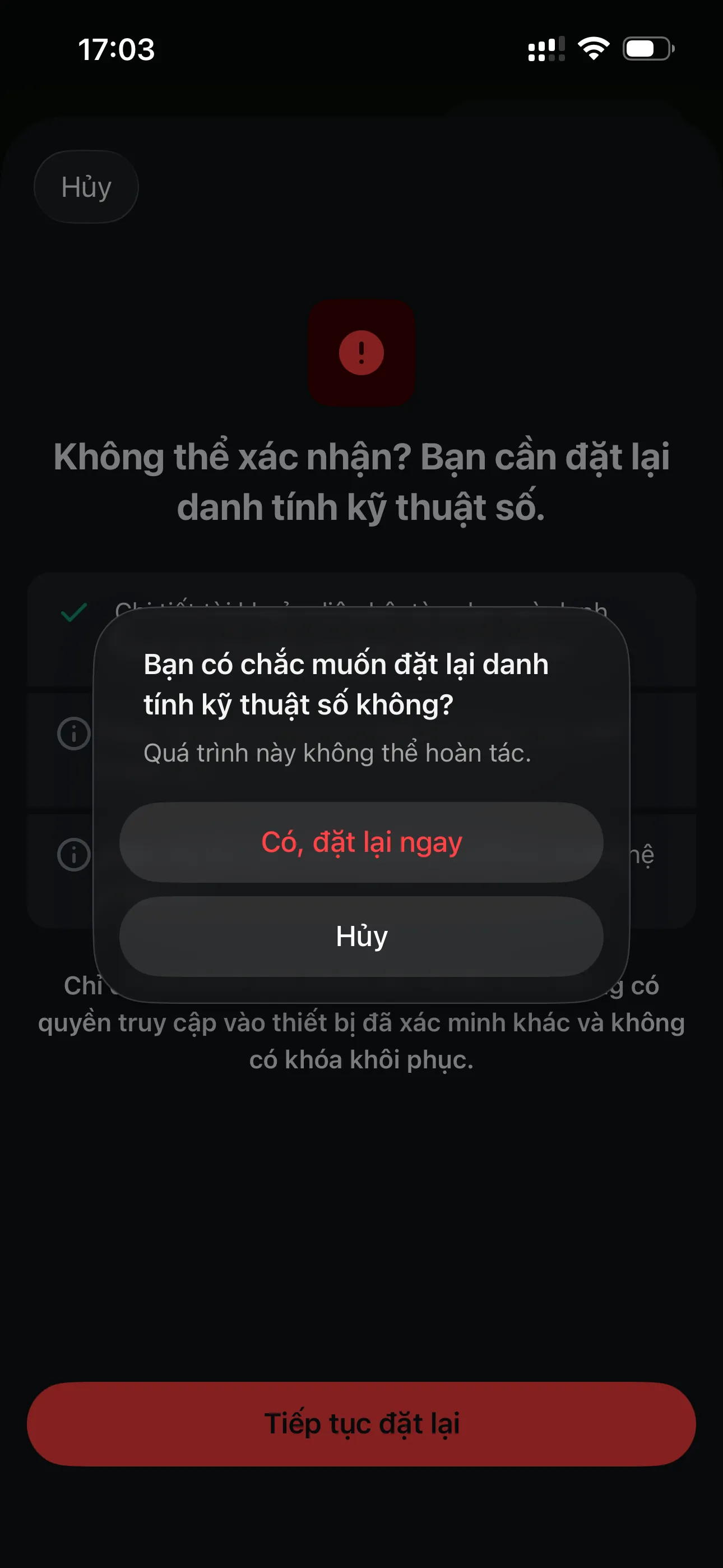 Reset confirmation dialog